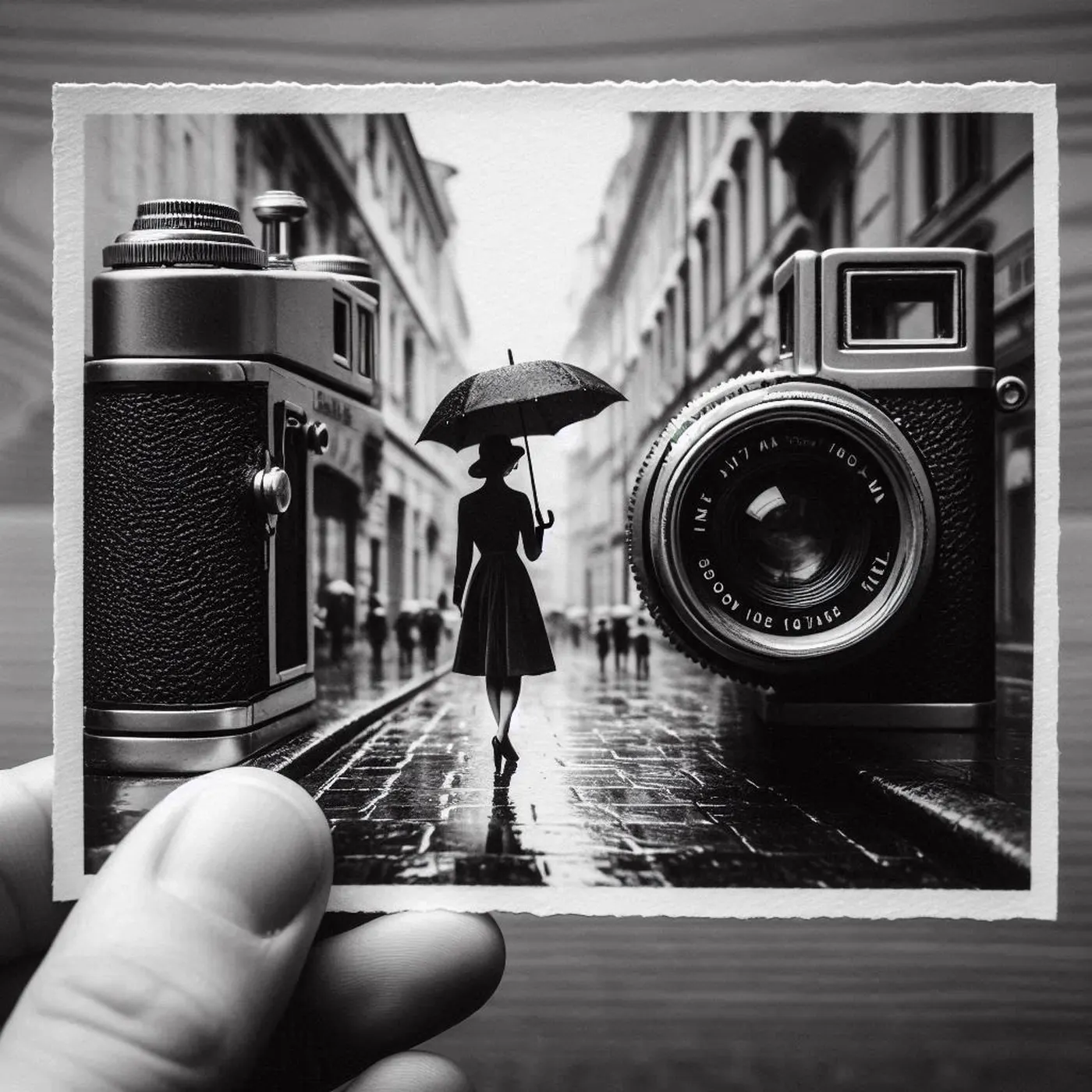 Ilustración en blanco y negro de una cámara fotográfica y una calle con una mujer bajo un paraguas