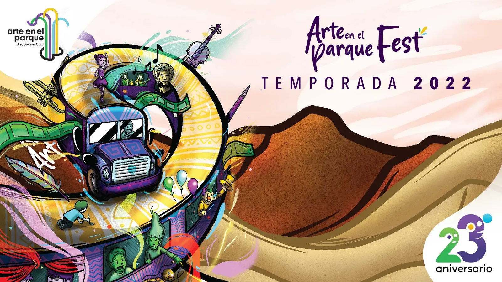 Ilustración de la temporada 2022 del Arte en el Parque Fest con un camión colorido